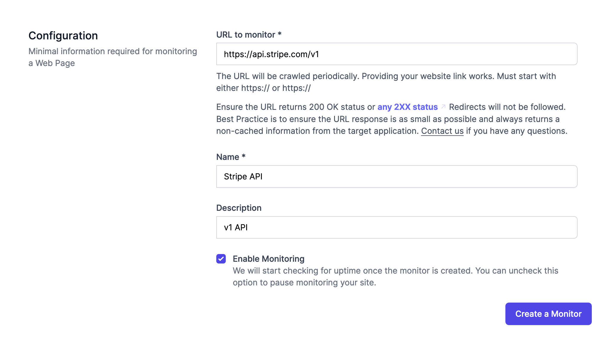 Configuration of a new Web Page Monitor